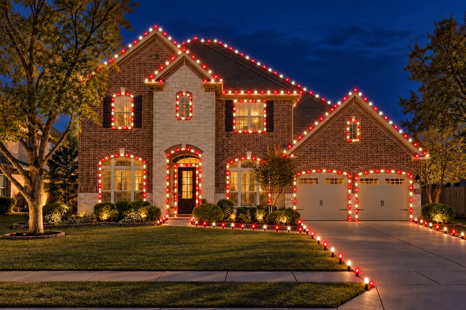 AI example of the same home with red and white Christmas lights at night