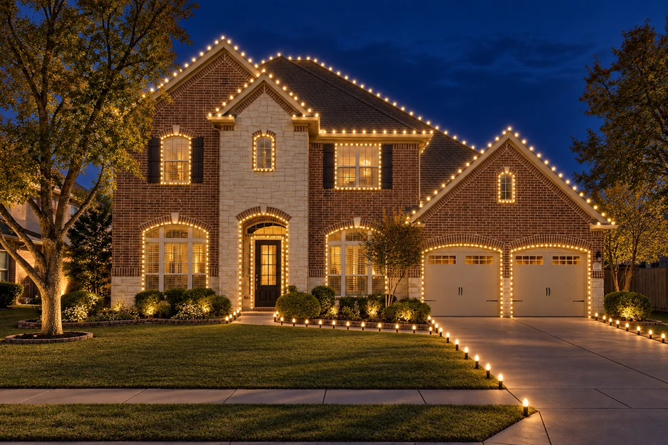 AI example of the same home with warm white Christmas lights at night