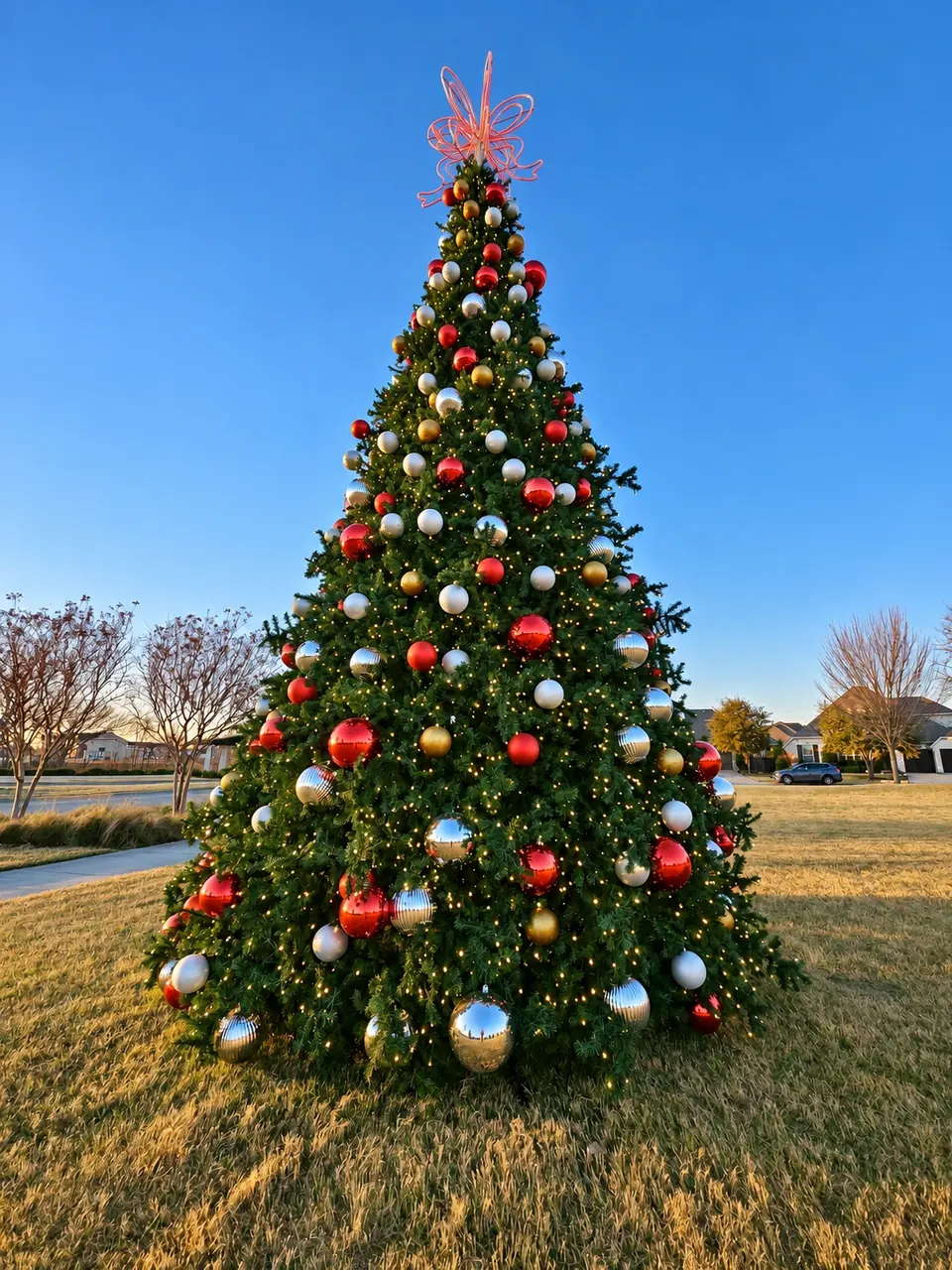 Large outdoor Christmas tree with red, silver and gold ornaments and a bow topper in daylight