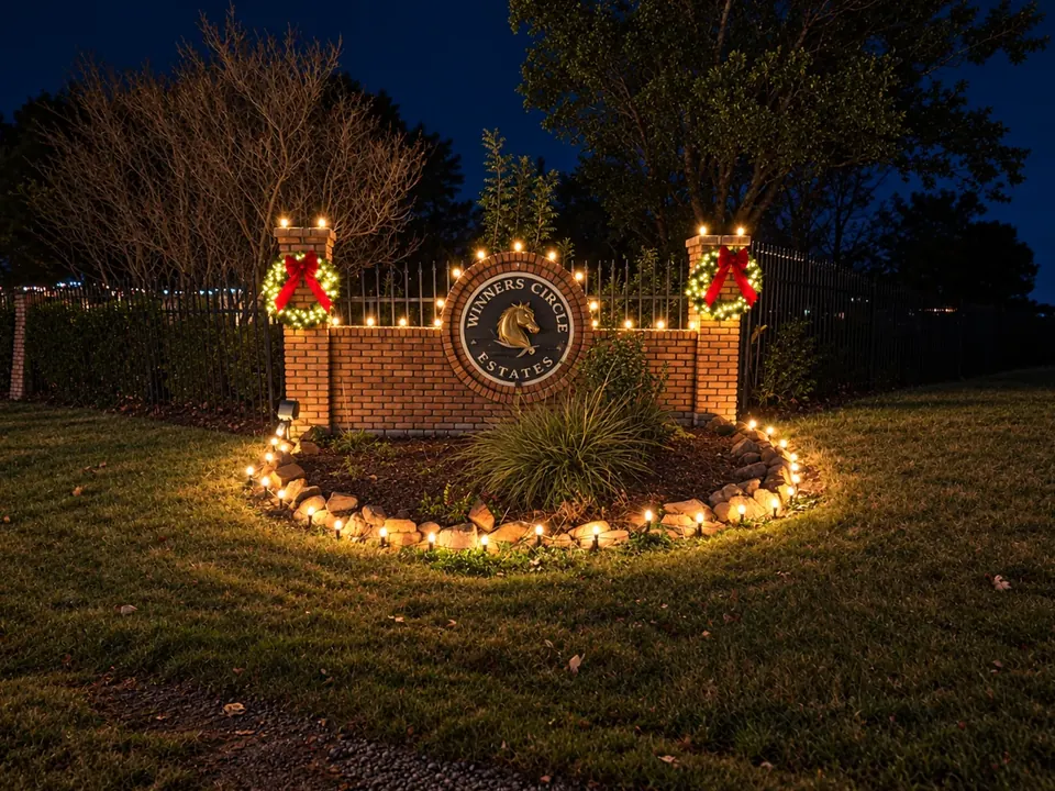 Holiday wreaths and warm white lights at the Winners Circle Estates entrance