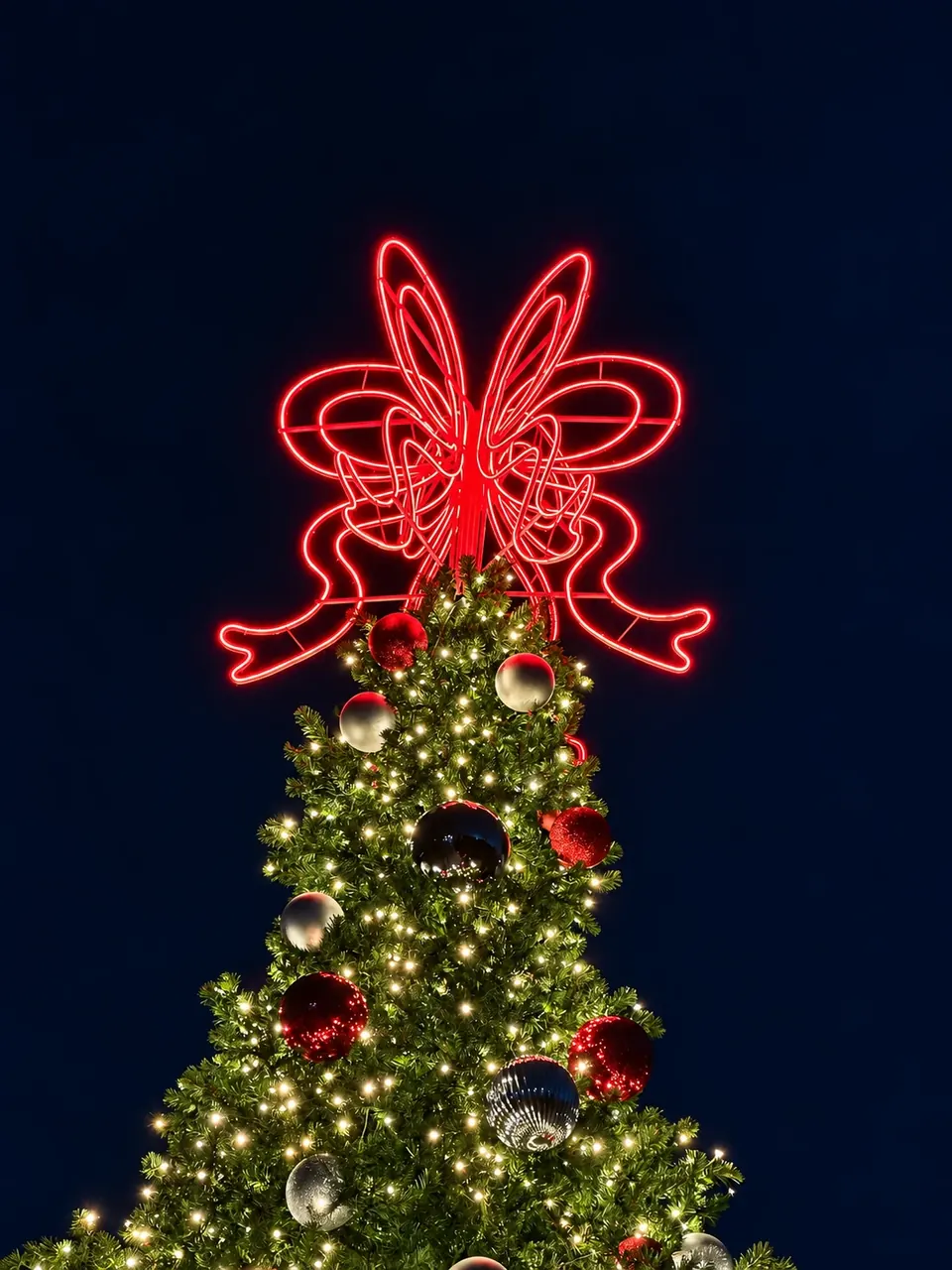 Illuminated red bow above ornaments and warm white lights on a community Christmas tree