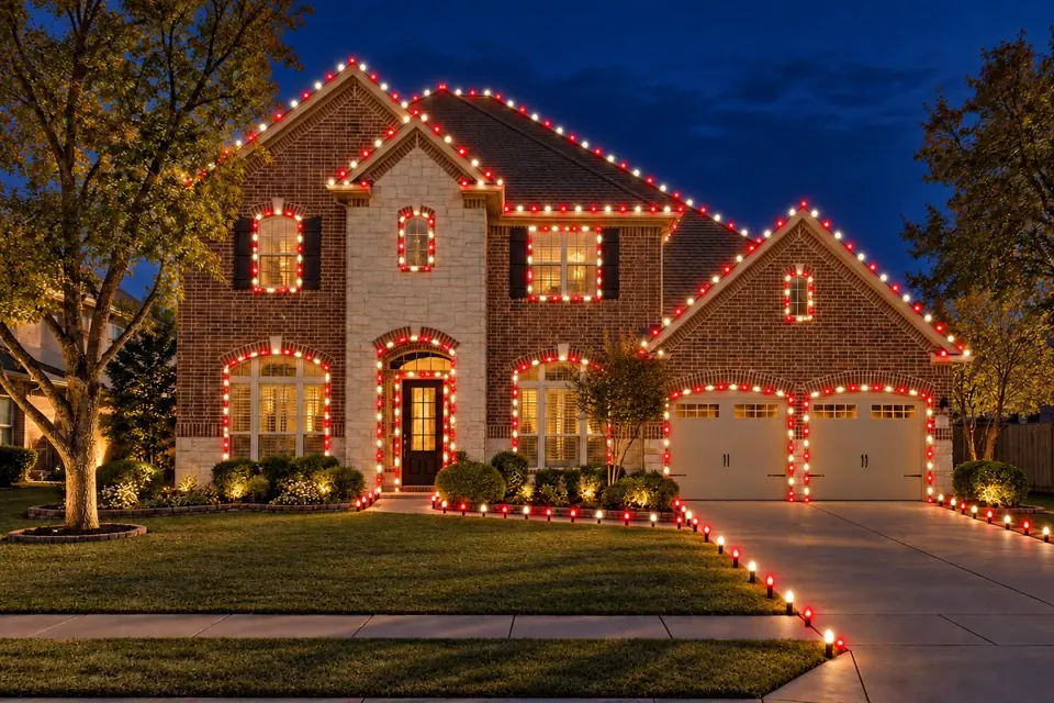 AI example of the same home with red and white Christmas lights at night