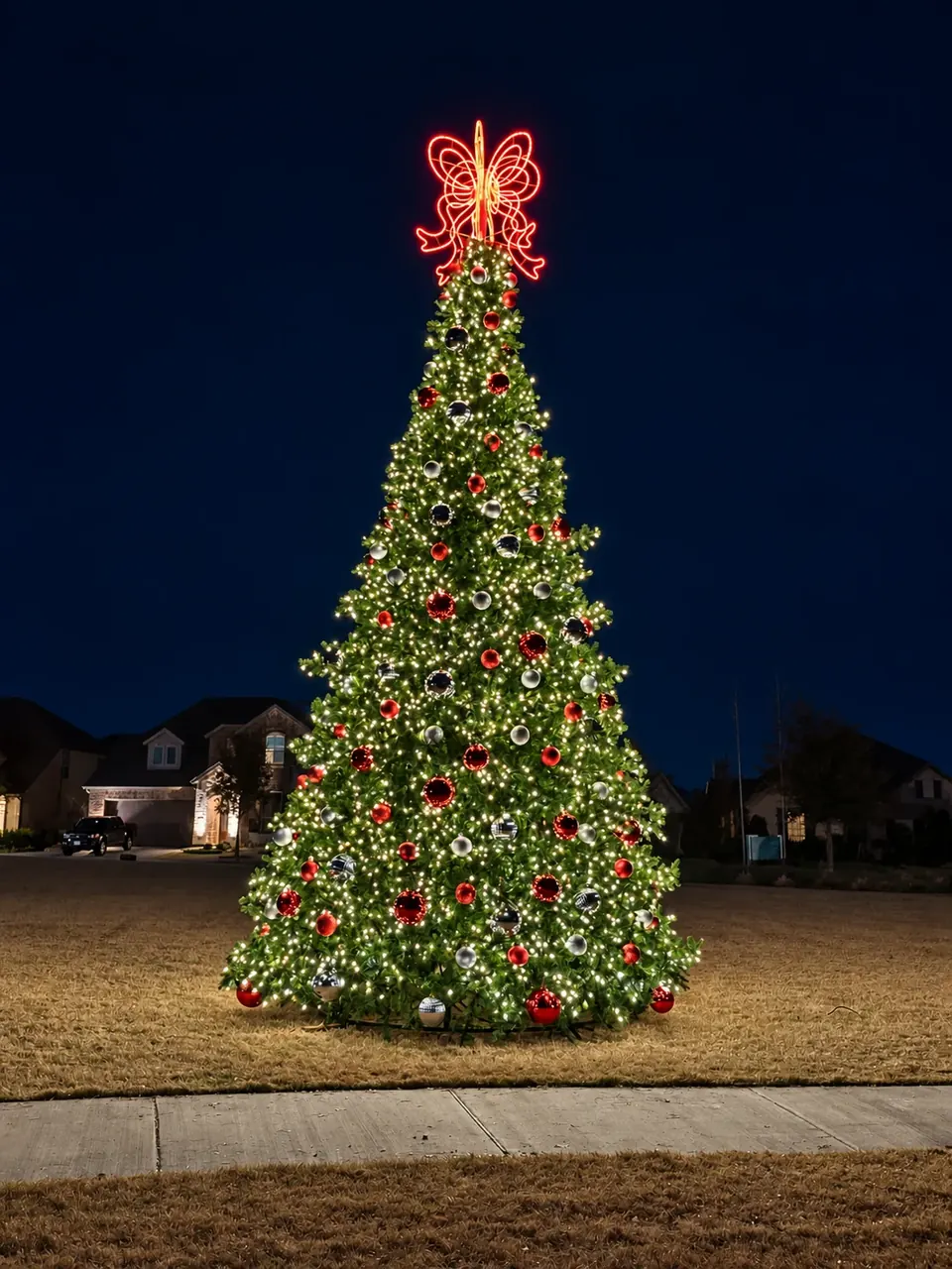 Tall illuminated Christmas tree decorated with red ornaments in a community green space